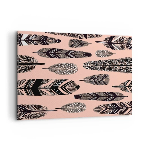 Obraz na płótnie - Dekoracyjne pióra na jasnym tle - 120x80cm - Indiańska kolekcja - Nowoczesna dekoracja ścienna do salonu, kuchni i sypialni ARTTOR