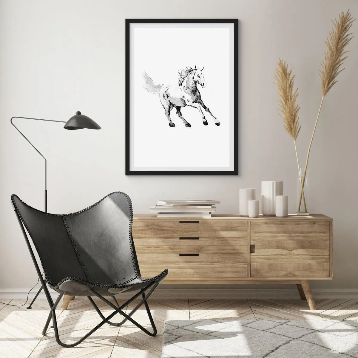 Plakat w czarnej ramie - Minimalistyczna ilustracja galopującego konia - 50x70cm - Nieujarzmiona dusza - Nowoczesna dekoracja ścienna do salonu i sypialni ARTTOR