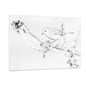 Obraz na szkle - Ptak siedzący na gałęzi w zimowej, monochromatycznej scenerii - 120x80cm - Zimowy poranek - Nowoczesna dekoracja ścienna do salonu, kuchni i sypialni ARTTOR