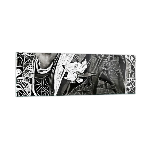 Obraz na szkle - Elegancka abstrakcja z mężczyzną w garniturze w czerni i bieli - 160x50cm - Tylko na pozór szary człowiek - Nowoczesna dekoracja ścienna do salonu i sypialni ARTTOR