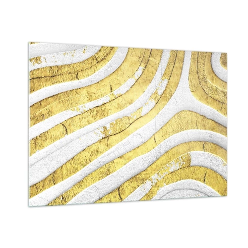 Obraz na szkle - Abstrakcyjne złote i białe fale o teksturalnym efekcie - 100x70cm - Kompozycja w bieli i złocie - Nowoczesna dekoracja ścienna do salonu, kuchni i sypialni ARTTOR