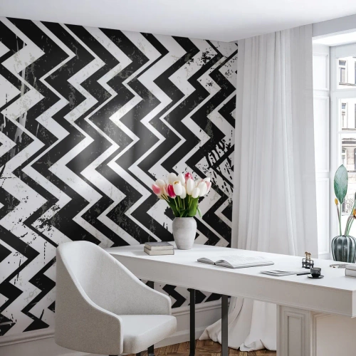 Fototapeta Premium Sand - Czarno-biały wzór w zygzaki z efektem przetarcia - 100x70cm - Zyg-białe, zag-czarne - Nowoczesna dekoracja ścienna do salonu, kuchni i sypialni ARTTOR