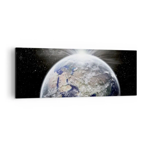 Obraz na płótnie - Ziemia i Księżyc oświetlone blaskiem w kosmosie - 140x50cm - W pełnym blasku - Nowoczesna dekoracja ścienna do salonu i sypialni ARTTOR
