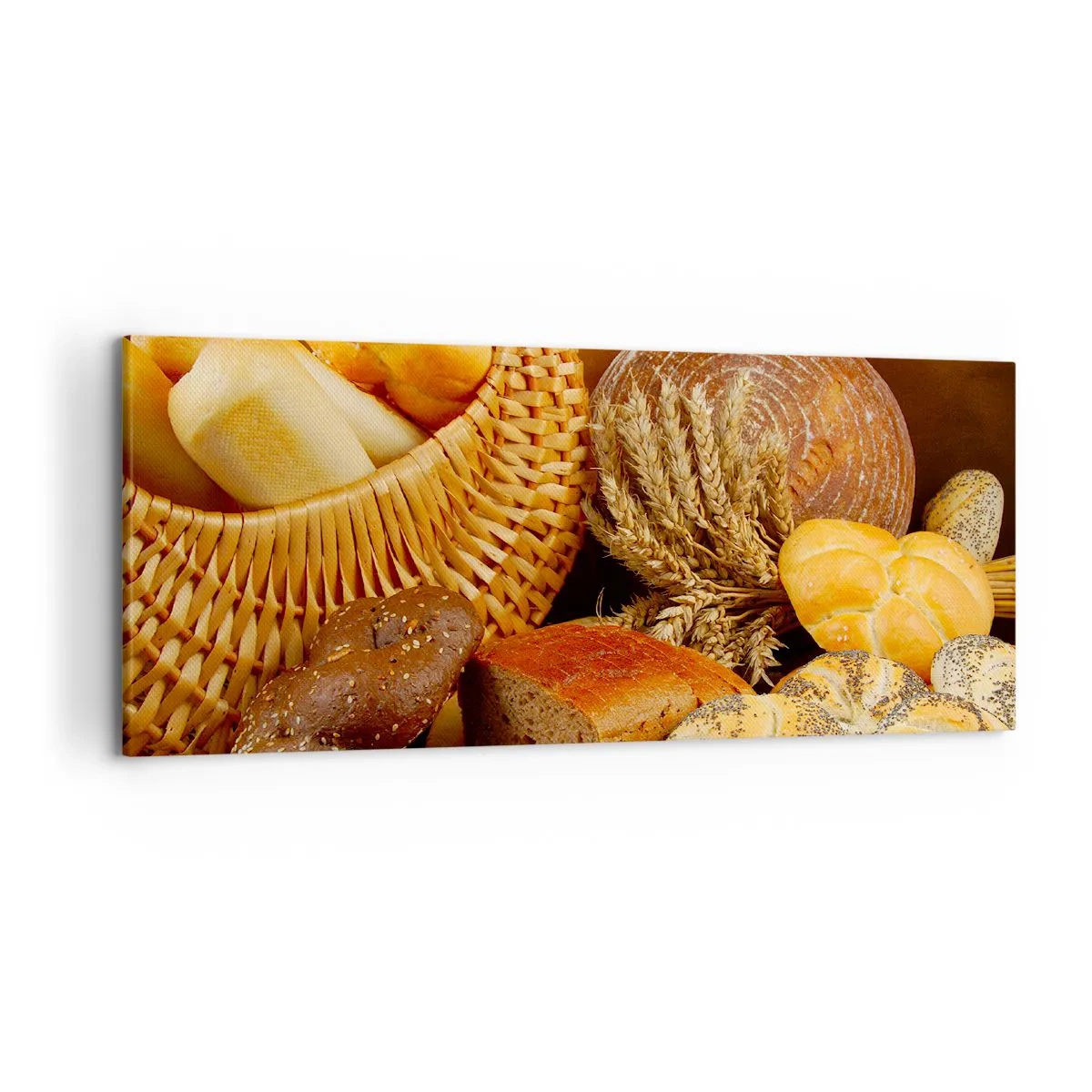 Obraz na płótnie - Różnorodne pieczywo w wiklinowym koszu na tle złotym - 120x50cm - Znowu się nam upiekło - Nowoczesna dekoracja ścienna do salonu i sypialni ARTTOR