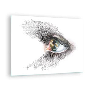Obraz na szkle - Złote oko otoczone dynamicznymi liniami i abstrakcyjnymi detalami - 70x50cm - Zajrzyj wprost do duszy - Nowoczesna dekoracja ścienna do salonu i sypialni ARTTOR