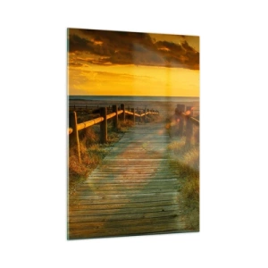Obraz na szkle - Drewniana ścieżka prowadząca ku zachodzącemu słońcu - 50x70cm - Skąpane w starym złocie - Nowoczesna dekoracja ścienna do salonu, kuchni i sypialni ARTTOR