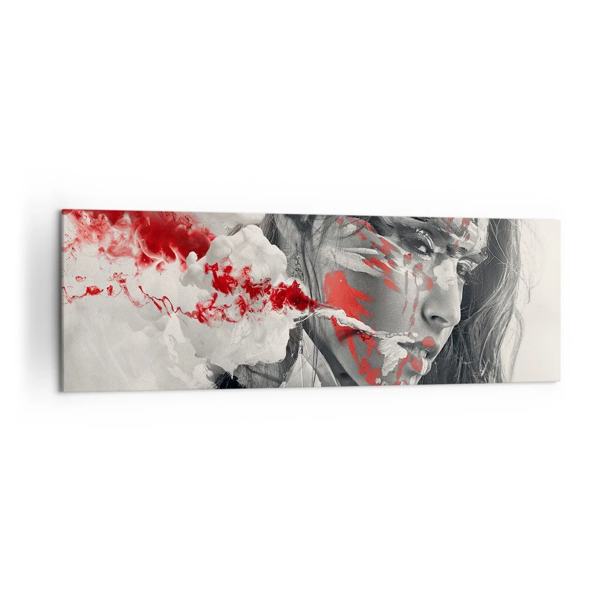 Obraz na płótnie - Artystyczny portret kobiety z abstrakcyjnymi czerwonymi akcentami - 160x50cm - W oparach absurdu - Nowoczesna dekoracja ścienna do salonu i sypialni ARTTOR