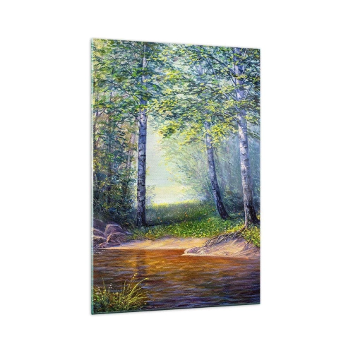Obraz na szkle - Leśny strumyk otoczony brzozami i słońcem - 70x100cm - Sielankowa sceneria - Nowoczesna dekoracja ścienna do salonu i sypialni ARTTOR