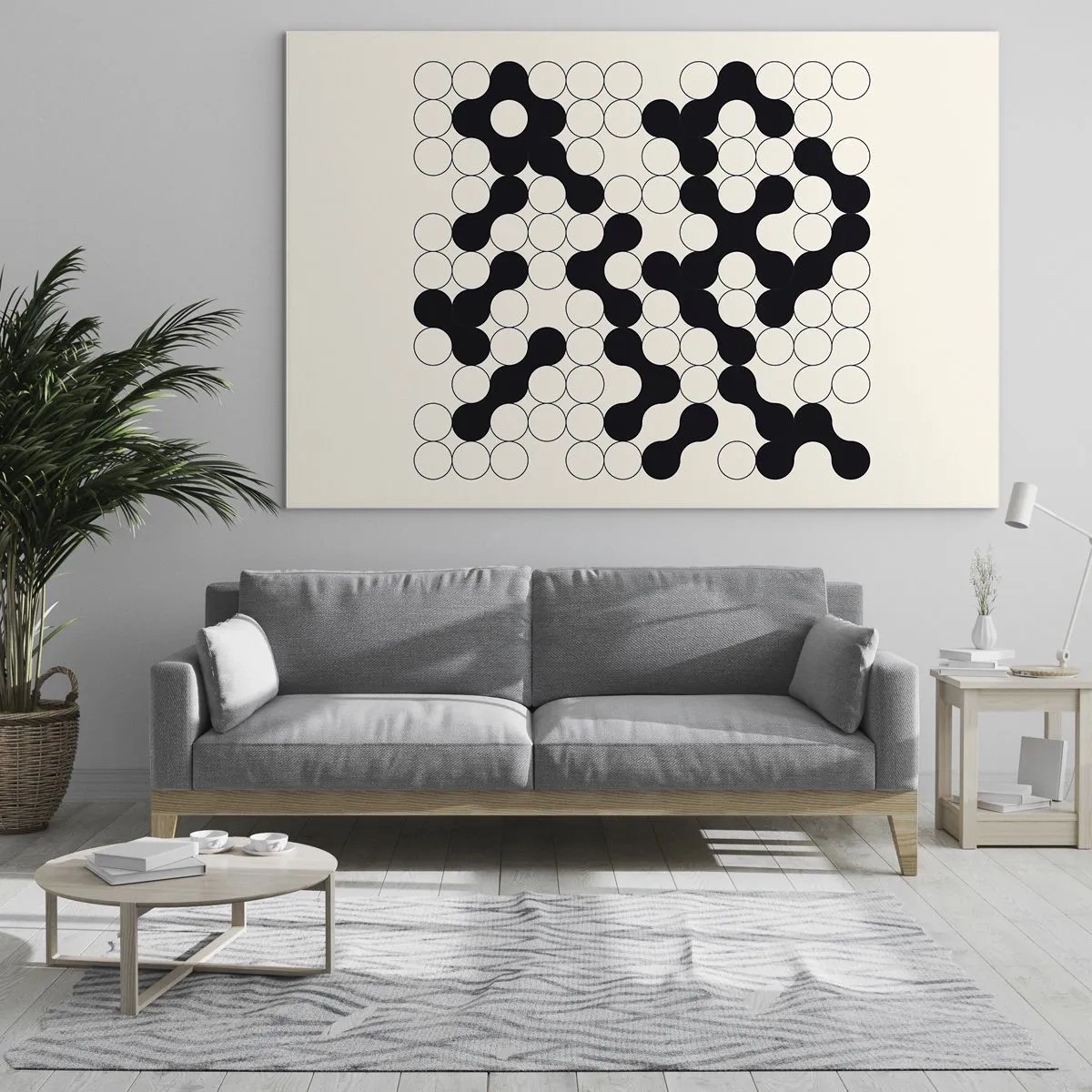 Obraz na szkle - Czarno-biała graficzna mozaika złożona z połączonych kropek - 70x50cm - Chińska gra – wariacja - Nowoczesna dekoracja ścienna do salonu i sypialni ARTTOR