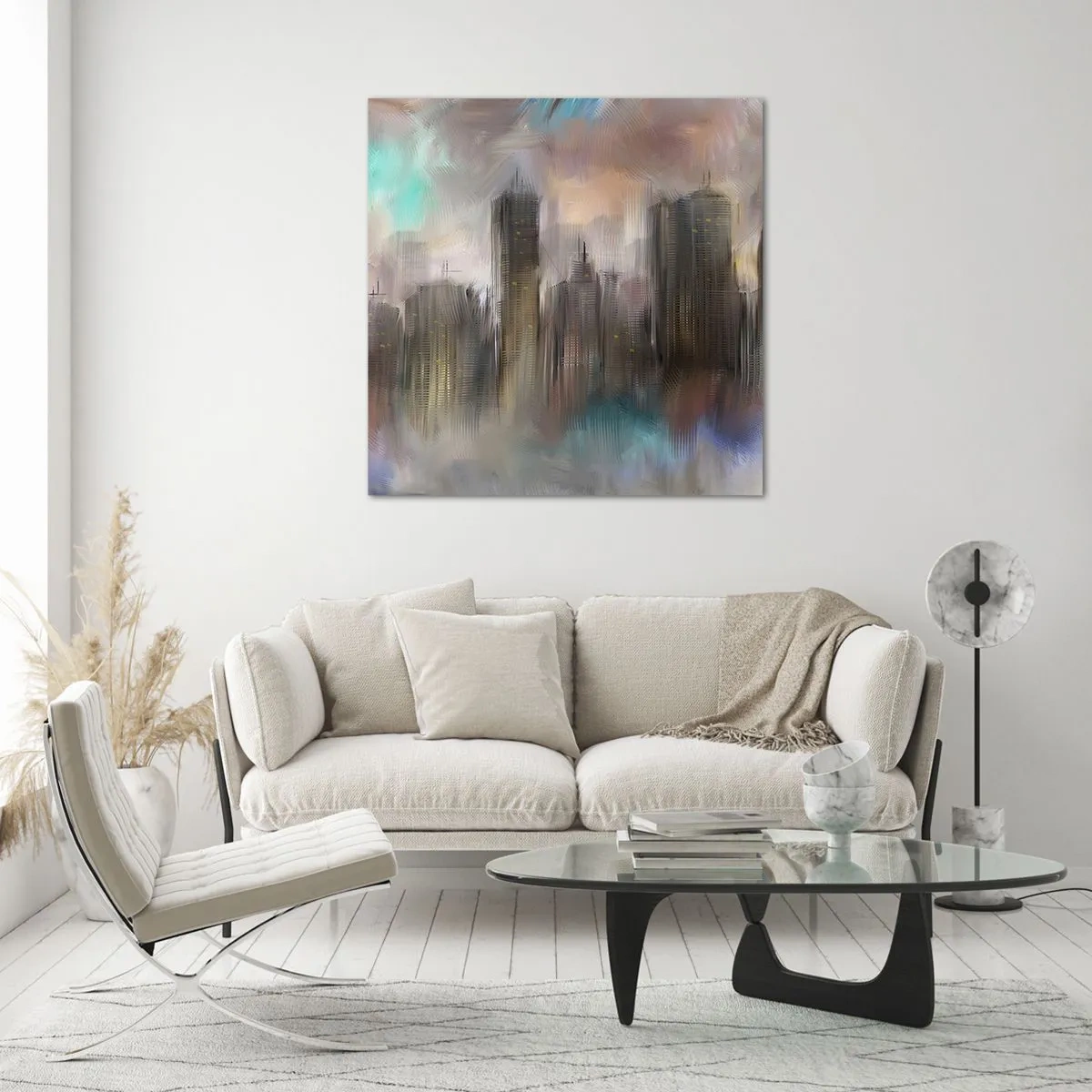 Obraz na szkle - Kompozycja ze stali, kamienia i mgły - 60x60 cm