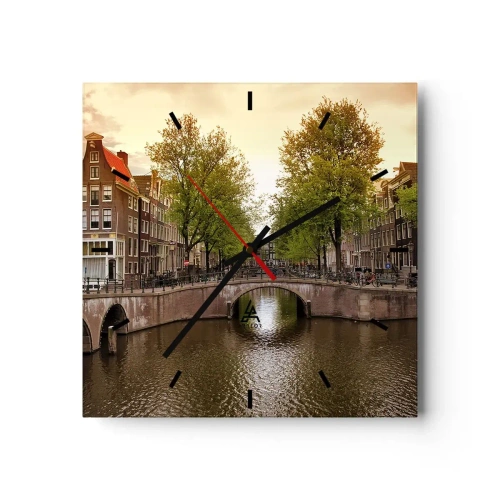 Zegar ścienny - Kanał w Amsterdamie otoczony historycznymi kamienicami - 30x30cm - Łodzią czy rowerem? - Nowoczesna dekoracja ścienna do salonu i sypialni ARTTOR