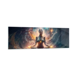 Obraz na szkle - Medytująca postać w otoczeniu energetycznych wzorów i kolorów - 160x50cm - Przepływ dobrej energii - Nowoczesna dekoracja ścienna do salonu i sypialni ARTTOR