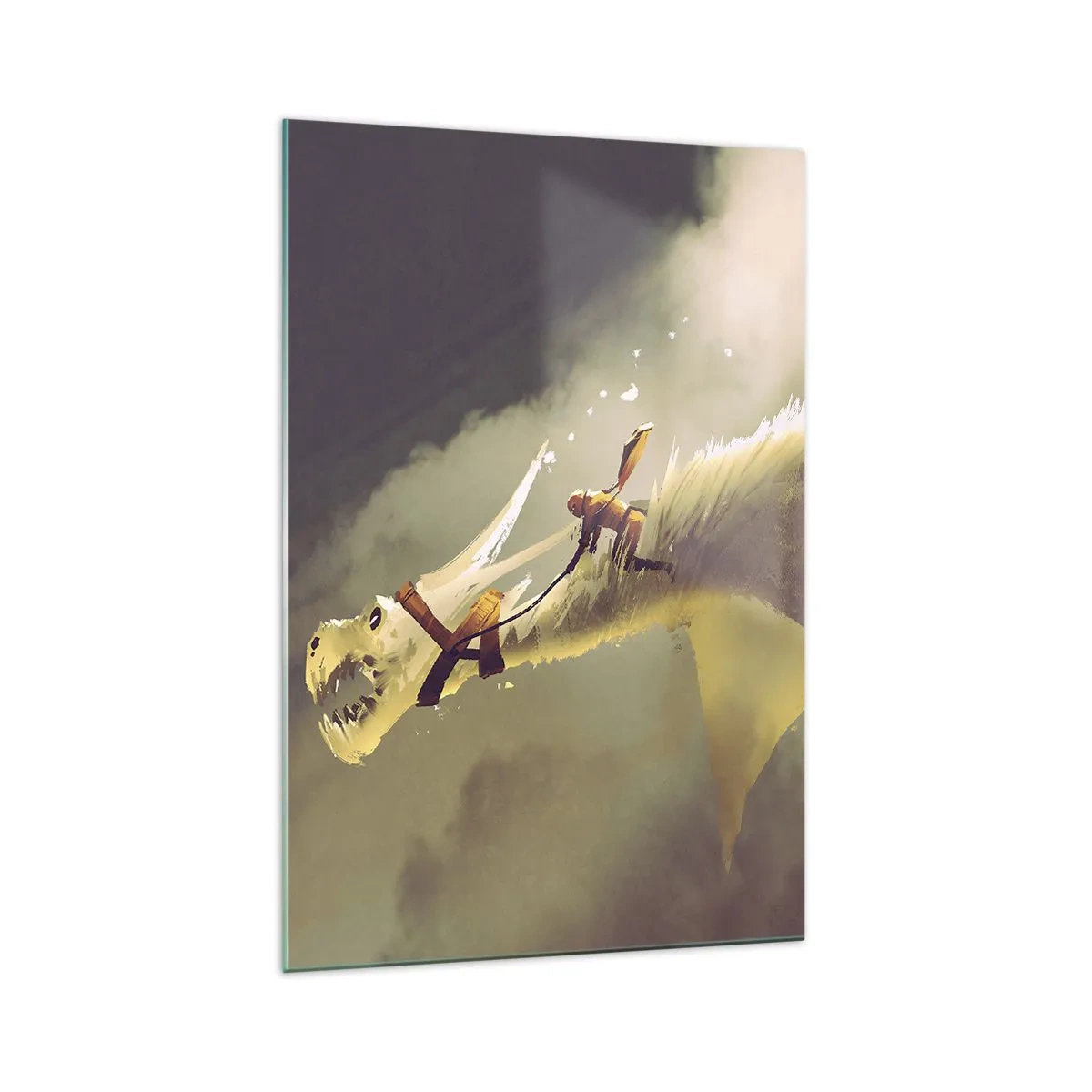 Obraz na szkle - Ilustracja jeźdźca na smoku w fantastycznej scenerii chmur - 70x100cm - Światu na ratunek - Nowoczesna dekoracja ścienna do salonu i sypialni ARTTOR