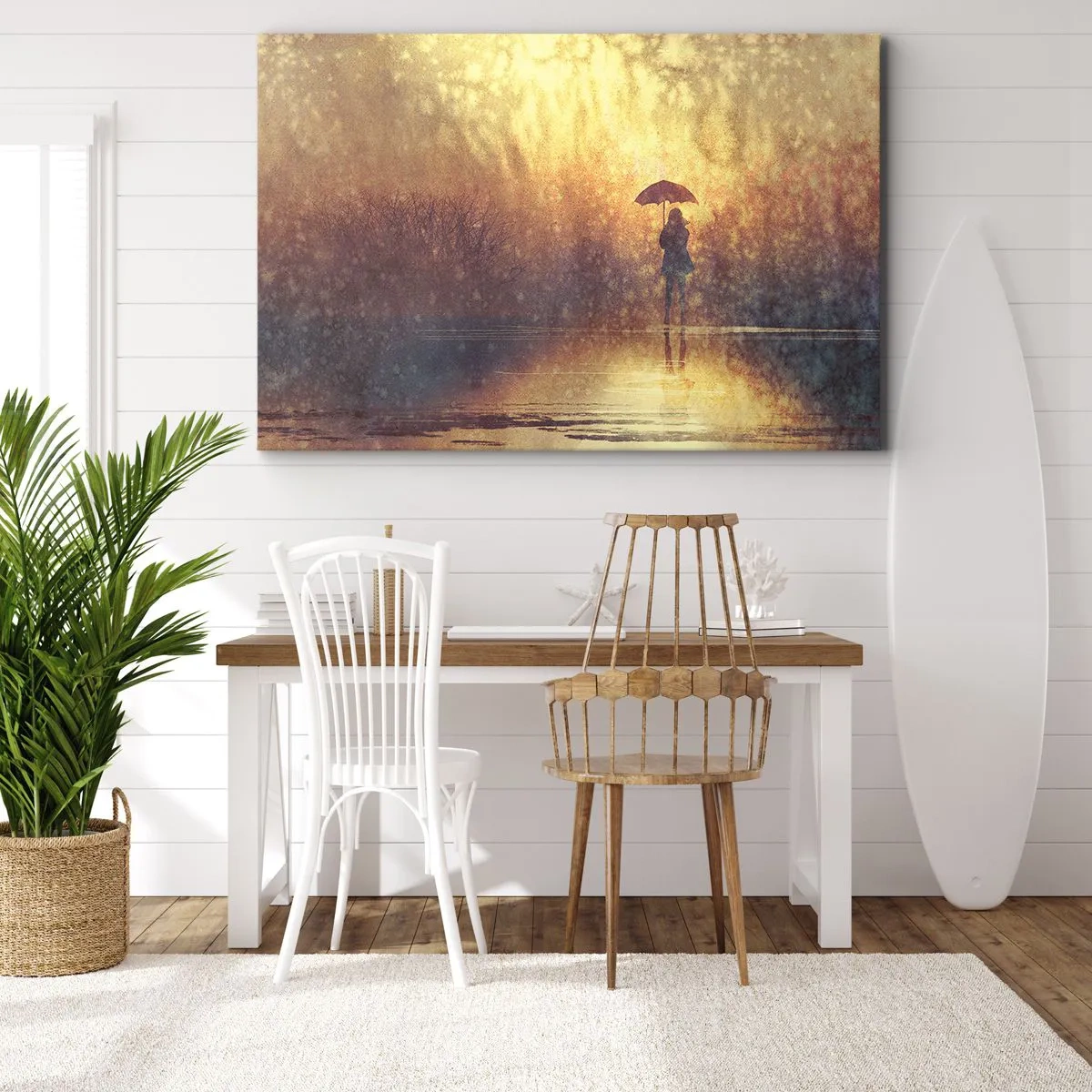 Obraz na płótnie - Postać z parasolem w mglistym krajobrazie pełnym refleksji - 70x50cm - Czuję, że ktoś na mnie patrzy - Nowoczesna dekoracja ścienna do salonu i sypialni ARTTOR