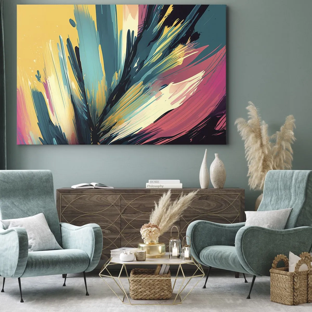 Obraz na płótnie - Abstrakcyjna kompozycja w intensywnych i kontrastowych barwach - 70x50cm - Kompozycja – eksplozja radości - Nowoczesna dekoracja ścienna do salonu i sypialni ARTTOR
