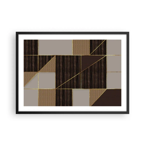 Plakat w czarnej ramie - Geometryczne wzory w odcieniach brązu ze złotymi liniami - 70x50cm - Mozaika brązów i złota - Nowoczesna dekoracja ścienna do salonu i sypialni ARTTOR