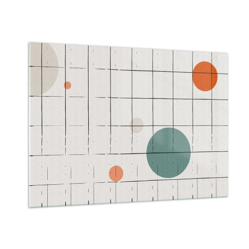 Obraz na szkle - Kolorowe koła na tle geometrycznej siatki z cienkich linii - 100x70cm - Uwięzione. My czy one? - Nowoczesna dekoracja ścienna do salonu, kuchni i sypialni ARTTOR