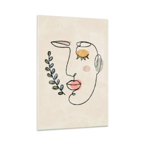 Obraz na szkle - Minimalistyczny rysunek twarzy z roślinnym motywem na jasnym tle - 70x100cm - Spokój odnaleziony - Nowoczesna dekoracja ścienna do salonu i sypialni ARTTOR