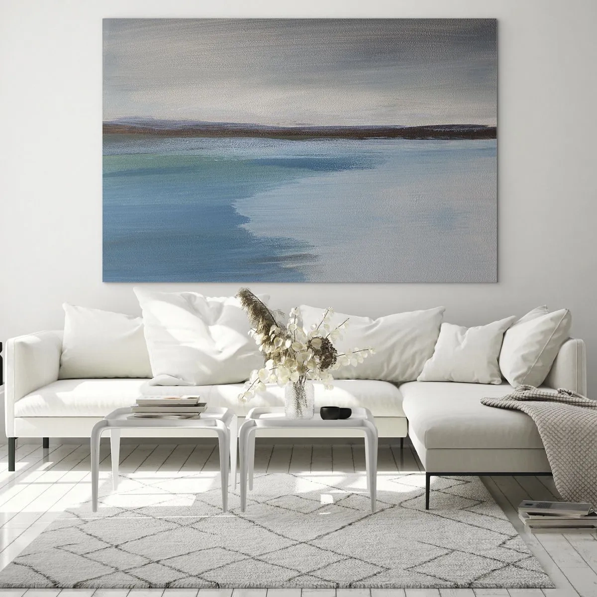 Obraz na szkle - Spokojny pejzaż z wodą i odległymi wzgórzami w pastelowych tonach - 70x50cm - Pejzaż horyzontalny - Nowoczesna dekoracja ścienna do salonu i sypialni ARTTOR