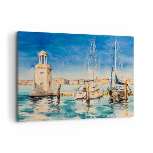 Obraz na płótnie - Marina z łodziami na tle błękitnej laguny - 100x70cm - Słoneczna laguna - Nowoczesna dekoracja ścienna do salonu, kuchni i sypialni ARTTOR