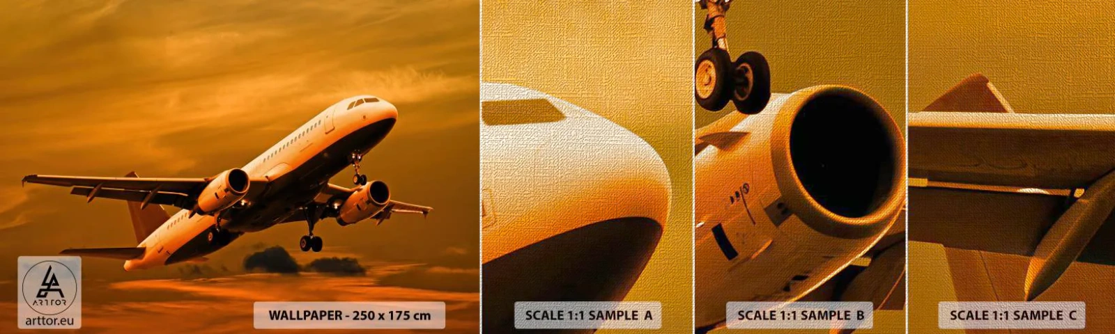 Fototapeta Próbka Premium Canvas - Lot w stronę słońca - Samolot, Podróż, Zachód Słońca - 100x30 cm