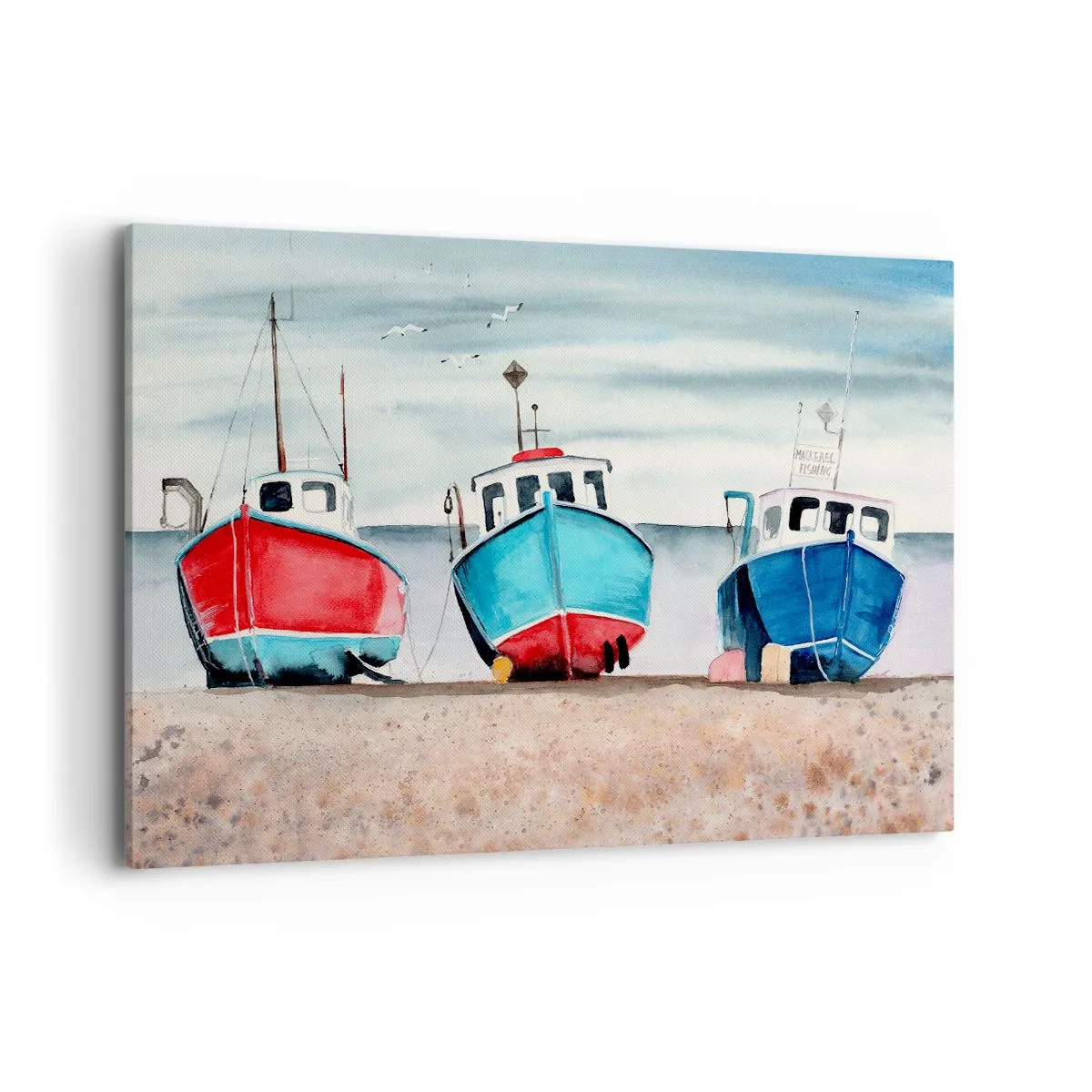 Obraz na płótnie - Kolorowe łodzie rybackie na brzegu w morskiej scenerii - 120x80cm - Gotowe na połów - Nowoczesna dekoracja ścienna do salonu, kuchni i sypialni ARTTOR