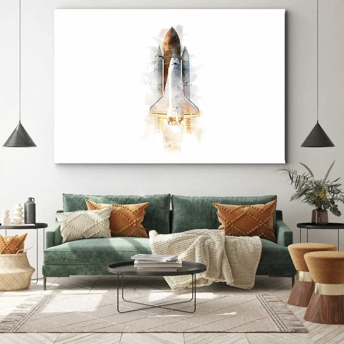 Obraz na płótnie - Startujący prom kosmiczny w artystycznej akwarelowej interpretacji - 70x50cm - Odkrywcy na start - Nowoczesna dekoracja ścienna do salonu i sypialni ARTTOR