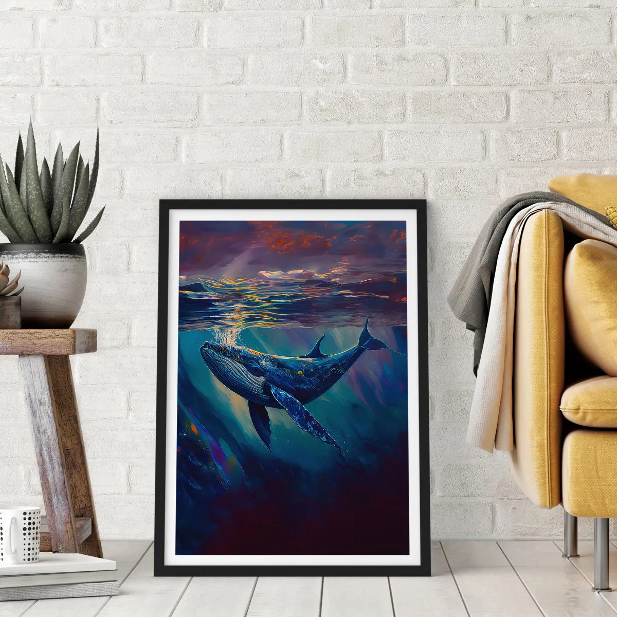 Plakat w czarnej ramie - Nastrojowy obraz wieloryba w podwodnym świetle - 50x70cm - Witaj w moim świecie - Nowoczesna dekoracja ścienna do salonu i sypialni ARTTOR