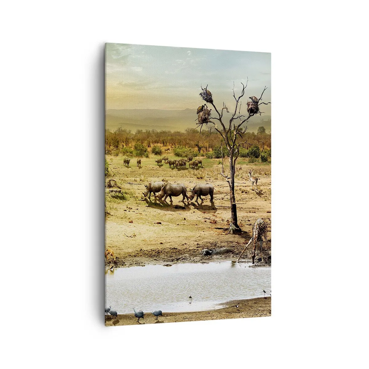 Obraz na płótnie - Słonie i dzikie zwierzęta przy wodopoju o zachodzie słońca - 80x120cm - "Z Edenu zaś wypływała rzeka…" - Nowoczesna dekoracja ścienna do salonu i sypialni ARTTOR