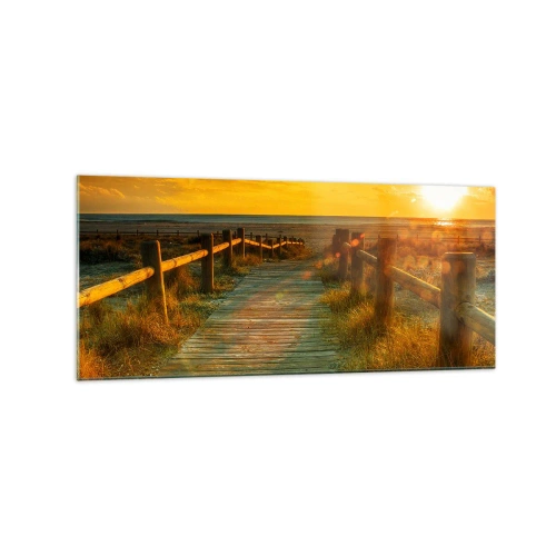 Obraz na szkle - Drewniana ścieżka prowadząca na plażę w blasku zachodzącego słońca - 120x50cm - Skąpane w starym złocie - Nowoczesna dekoracja ścienna do salonu i sypialni ARTTOR