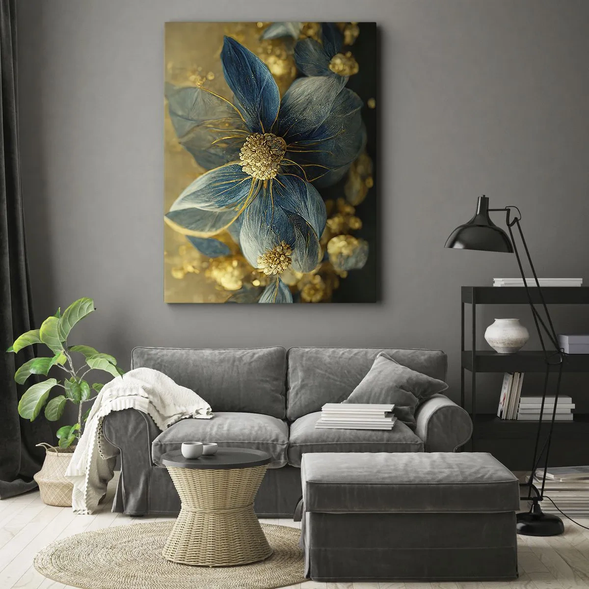 Obraz na płótnie - Złociste kwiaty z niebieskimi płatkami na eleganckim tle - 50x70cm - Zakwitnąć złotem - Nowoczesna dekoracja ścienna do salonu, kuchni i sypialni ARTTOR