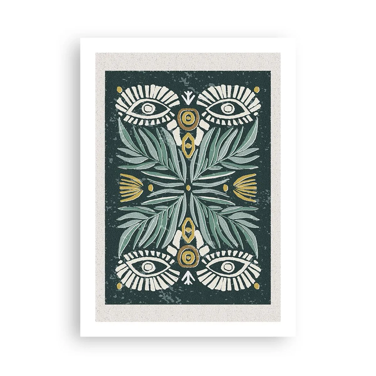 Plakat - Symetryczny wzór z liśćmi i oczami na ciemnym tle - 50x70cm - Jak ludowa wycinanka - Nowoczesna dekoracja ścienna do salonu, kuchni i sypialni ARTTOR