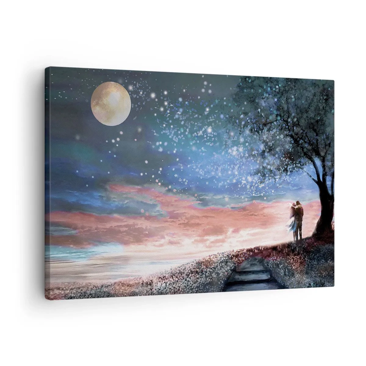 Obraz na płótnie - Romantyczna scena pary pod pełnią księżyca - 70x50cm - Gwiaździsty spektakl - Nowoczesna dekoracja ścienna do salonu i sypialni ARTTOR