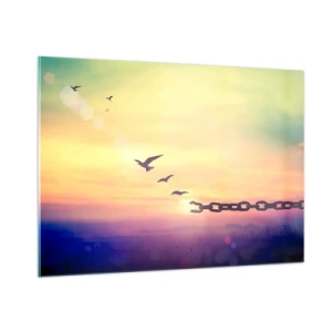 Obraz na szkle - Ptaki w locie na tle łańcucha i zachodu słońca - 100x70cm - Zwycięstwo wolności - Nowoczesna dekoracja ścienna do salonu, kuchni i sypialni ARTTOR