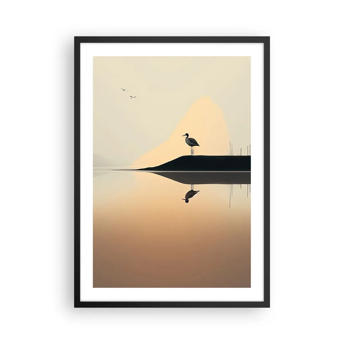 Plakat w czarnej ramie - Bocian stojący na brzegu jeziora z odbiciem w wodzie - 50x70cm - Pan na jeziorze - Nowoczesna dekoracja ścienna do salonu i sypialni ARTTOR