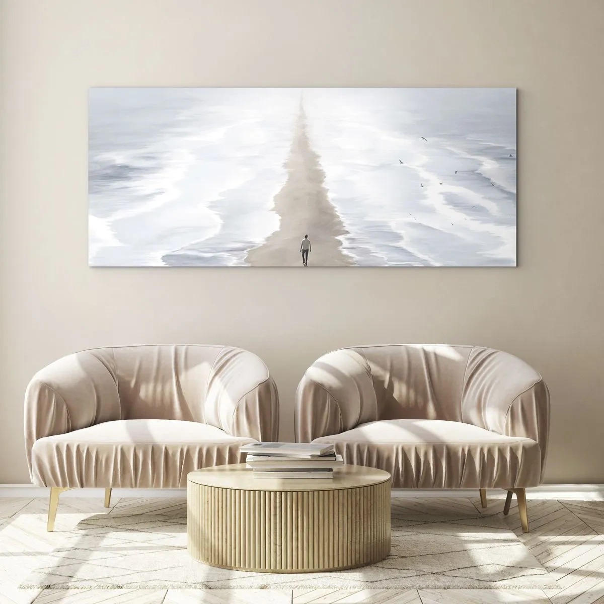 Obraz na szkle - Postać na samotnej drodze wśród rozległego krajobrazu wodnego - 140x50cm - Jasna przyszłość - Nowoczesna dekoracja ścienna do salonu i sypialni ARTTOR