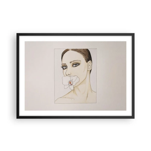 Plakat w czarnej ramie - Portret kobiety z orchideą w delikatnych barwach - 70x50cm - Symbol elegancji i piękna - Nowoczesna dekoracja ścienna do salonu i sypialni ARTTOR