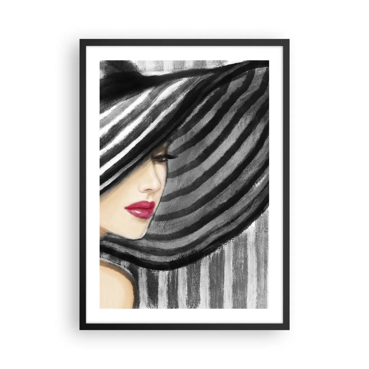Plakat w czarnej ramie - Kobieta w szerokim kapeluszu z czerwonymi ustami - 50x70cm - Gdzie ciebie szukać? - Nowoczesna dekoracja ścienna do salonu i sypialni ARTTOR
