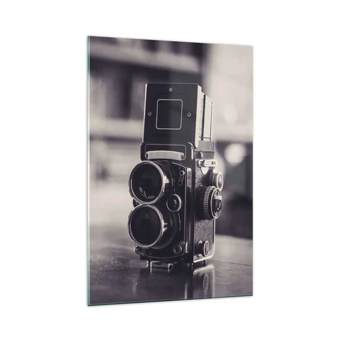 Obraz na szkle - Zabytkowy aparat fotograficzny w czerni i bieli - 70x100cm - Magia starej fotografii - Nowoczesna dekoracja ścienna do salonu i sypialni ARTTOR