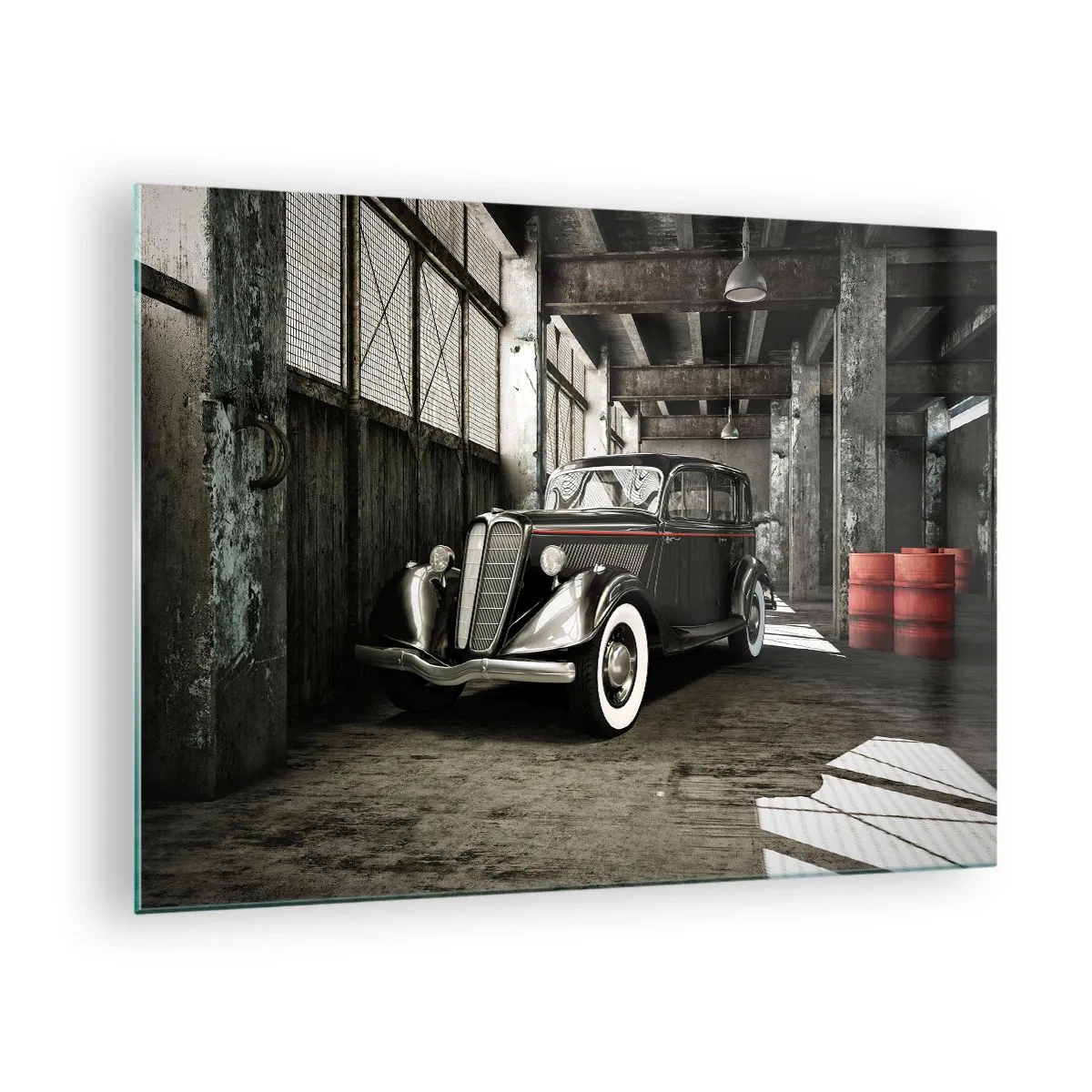 Obraz na szkle - Zabytkowy samochód w stylowym garażu - 70x50cm - Nieprzemijająca elegancja lat 30. - Nowoczesna dekoracja ścienna do salonu i sypialni ARTTOR
