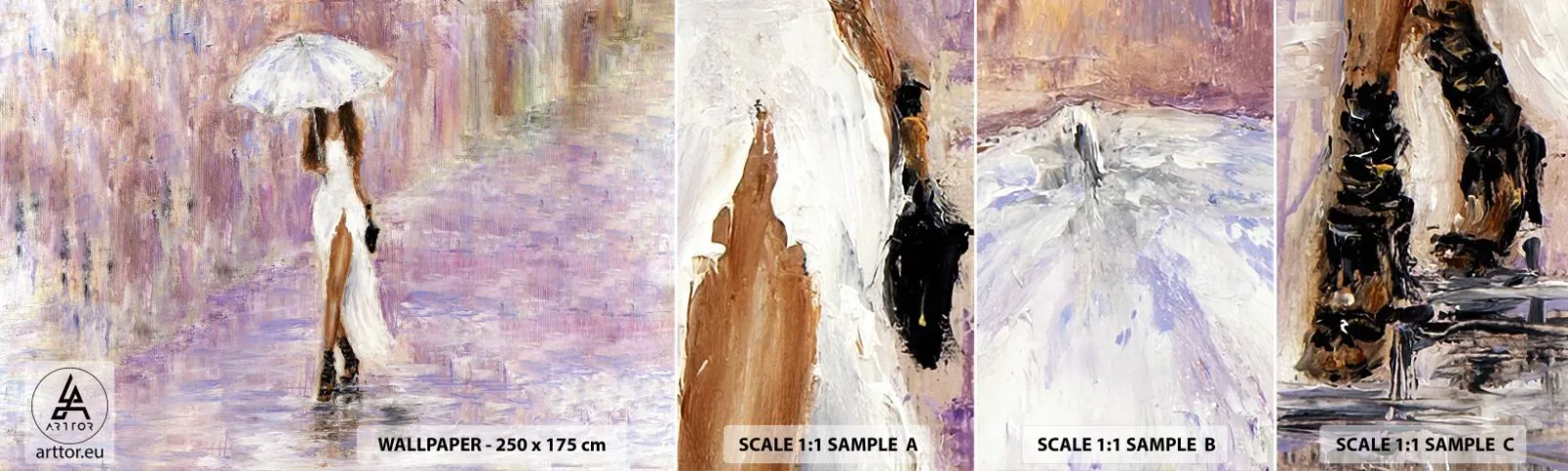 Fototapeta Próbka Samoprzylepna Deluxe Sticker - W liliowym deszczu - Kobieta, Moda, Spacer W Deszczu - 100x30 cm