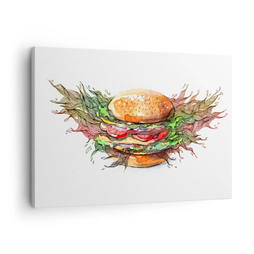 Obraz na płótnie - Artystyczna ilustracja burgera z dynamicznymi elementami - 70x50cm - Gorąca pokusa - Nowoczesna dekoracja ścienna do salonu i sypialni ARTTOR