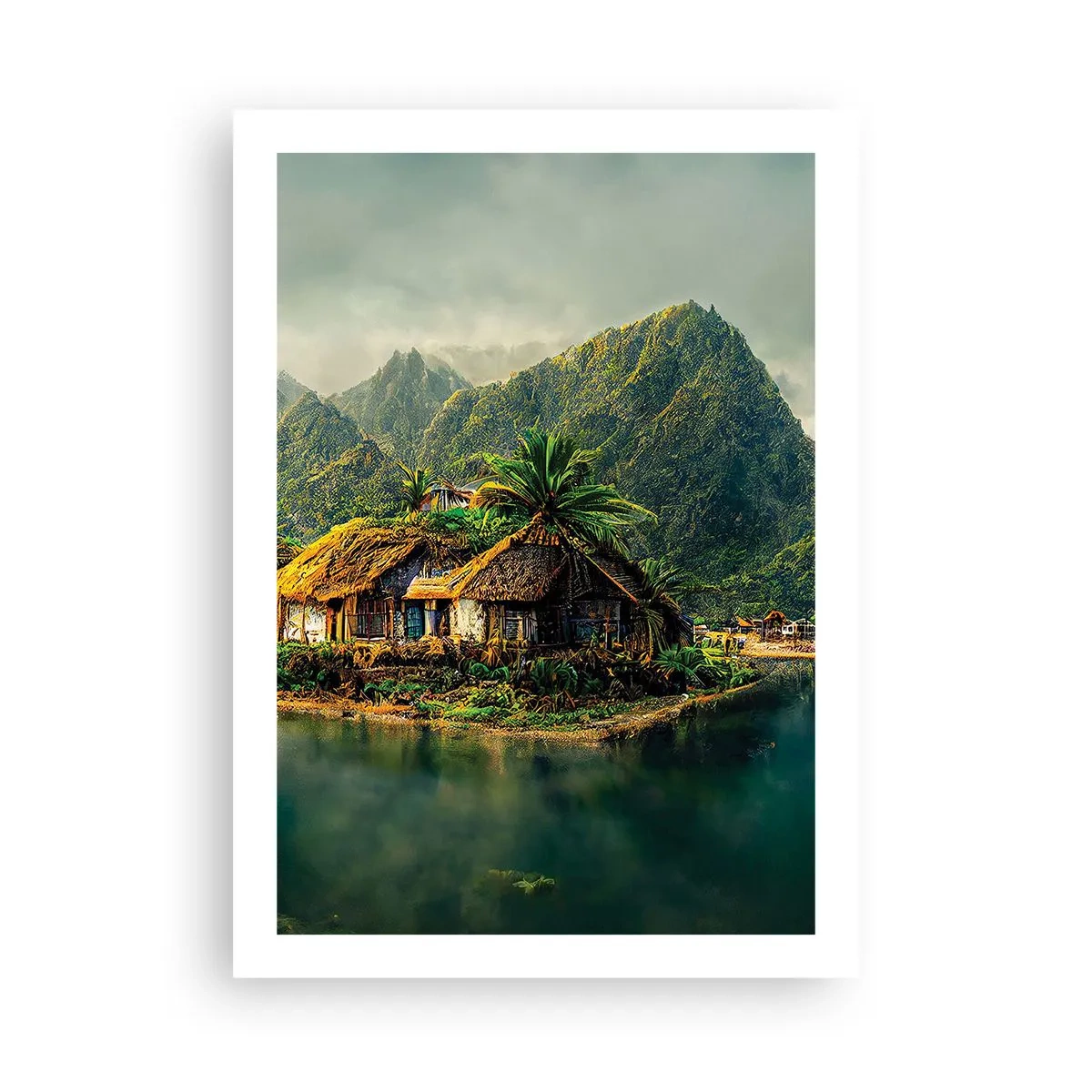 Plakat - Tropikalna chata na tle gór i jeziora - 50x70cm - Tropikalny raj - Nowoczesna dekoracja ścienna do salonu, kuchni i sypialni ARTTOR