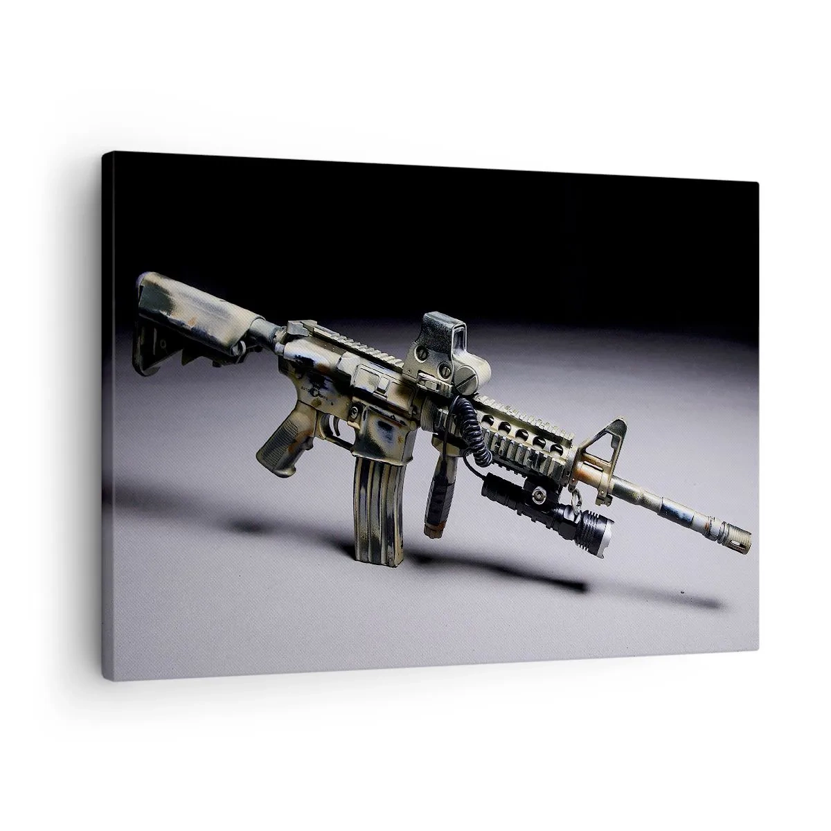 Obraz na płótnie - Nowoczesna broń w kolorze kamuflażu na ciemnym tle - 70x50cm - Zawsze grożny - Nowoczesna dekoracja ścienna do salonu i sypialni ARTTOR