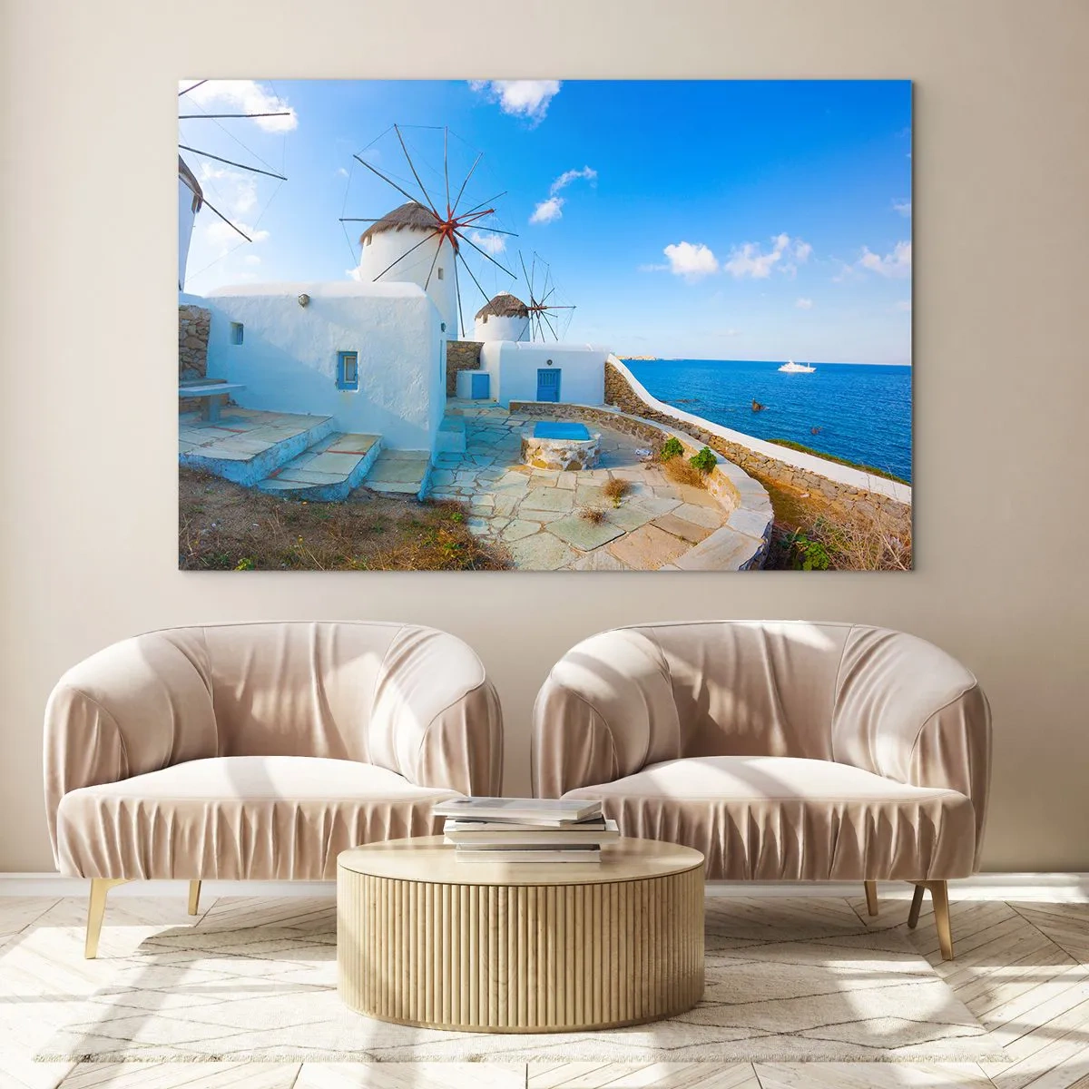 Obraz na szkle - Wiatraki na wybrzeżu Morza Egejskiego - 70x50cm - Błękitny wiatr od morza - Nowoczesna dekoracja ścienna do salonu i sypialni ARTTOR