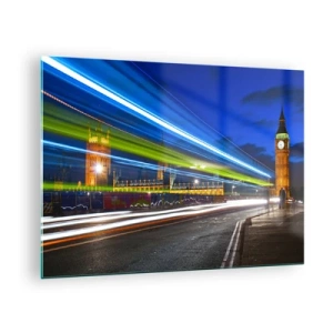 Obraz na szkle - Big Ben nocą z rozmazanymi światłami aut - 70x50cm - Pod okiem Big Bena - Nowoczesna dekoracja ścienna do salonu i sypialni ARTTOR