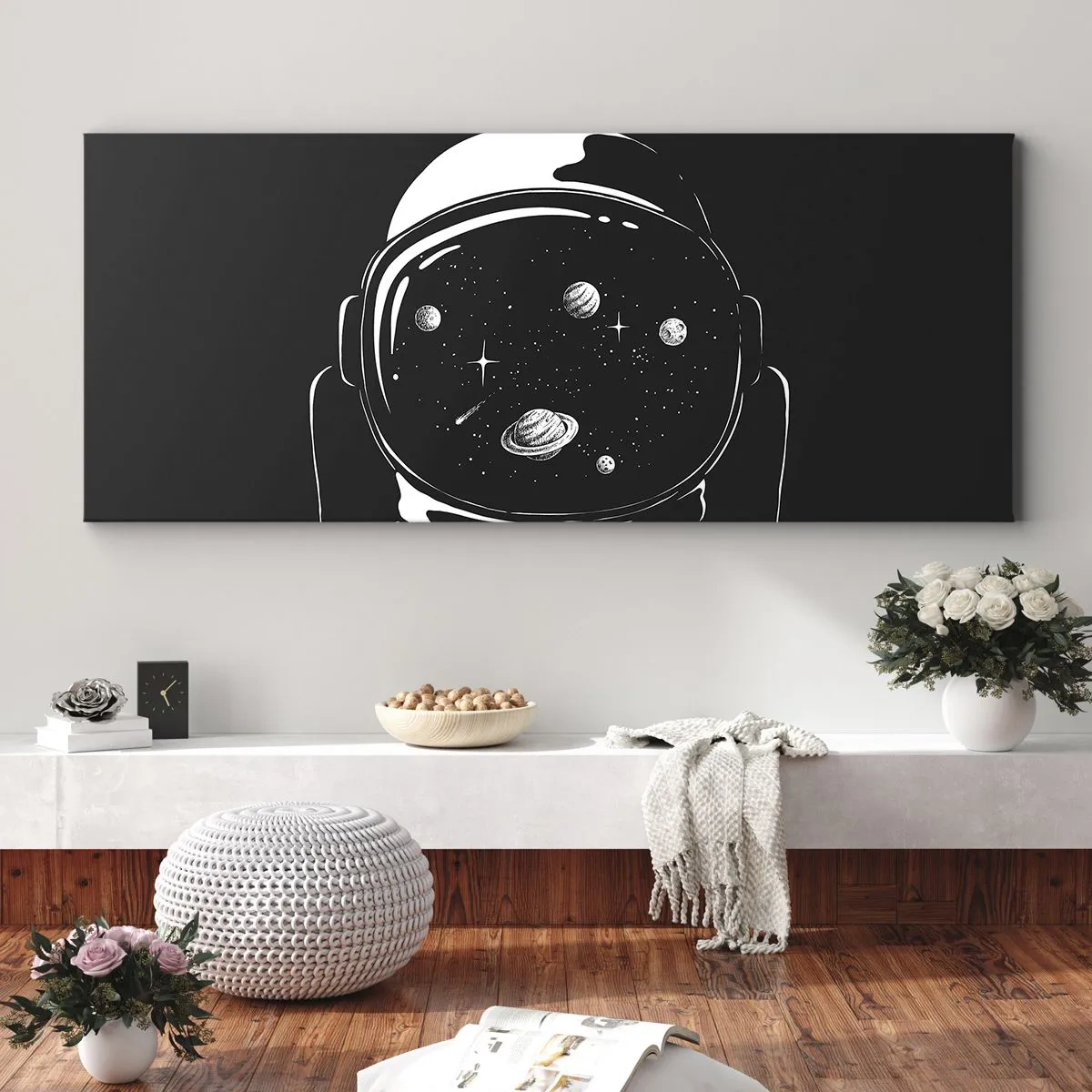 Obraz na płótnie - Astronautyczny hełm z widokiem na kosmos w minimalistycznym stylu - 120x50cm - Niezły widok - Nowoczesna dekoracja ścienna do salonu i sypialni ARTTOR