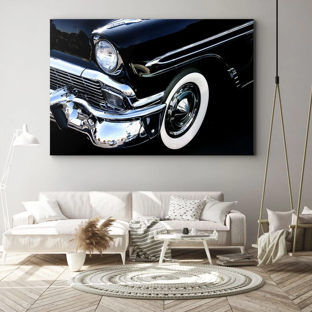 Obraz na płótnie - Czarny klasyczny samochód w zbliżeniu na reflektor i błotnik - 70x50cm - Klasyka w srebrze, czerni i bieli - Nowoczesna dekoracja ścienna do salonu i sypialni ARTTOR