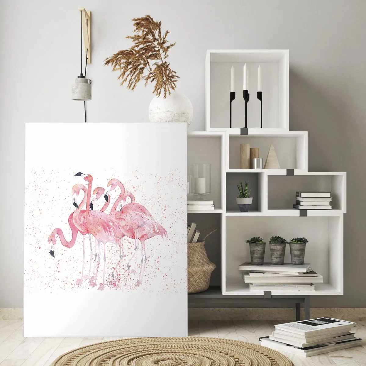 Obraz na szkle - Akwarelowe flamingi na jasnym tle z delikatnymi plamkami - 50x70cm - Różowy ansambl - Nowoczesna dekoracja ścienna do salonu, kuchni i sypialni ARTTOR