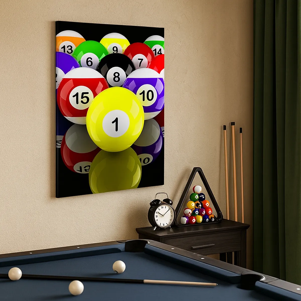 Obraz na płótnie - Kule bilardowe w różnych kolorach na czarnym tle - 50x70cm - Różne barwy gry - Nowoczesna dekoracja ścienna do salonu, kuchni i sypialni ARTTOR